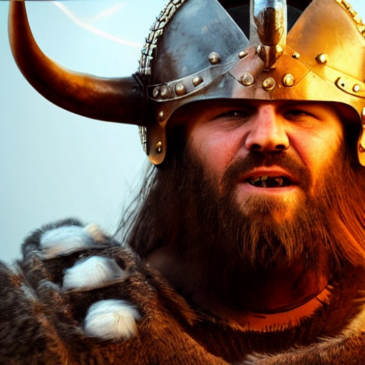 Hyper-realistic, front-view close-up portrait of a furious Viking bursting into flames, smoke, embers, (symmetrical composition)+, (eye contact)+, epic, celestial, moody, cinematic lighting, lens flare, highly detailed, sharp focus, octane render, HDRI, intense, dramatic, warm colors, fiery effect, professional, 35mm, 8k, IMAX, (mouth closed)+, viking helmet on his head, dark studio, low key, high contrast, dark background, flawless detail, award-winning, expertly crafted, detailed pupils, unreal engine