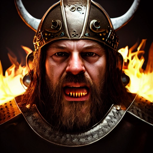 Hyper-realistic, front-view close-up portrait of a furious Viking bursting into flames, smoke, embers, (symmetrical composition)+, (eye contact)+, epic, celestial, moody, cinematic lighting, lens flare, highly detailed, sharp focus, octane render, HDRI, intense, dramatic, warm colors, fiery effect, professional, 35mm, 8k, IMAX, (mouth closed)+, viking helmet on his head, dark studio, low key, high contrast, dark background, flawless detail, award-winning, expertly crafted, detailed pupils, unreal engine