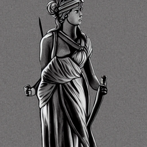 creates a black and white sketch of a statue of a woman in Roman-style clothing with a torch in her left hand and a sword in her right hand, and a leaf headband in her hair. With a transparent background, Pencil Sketch