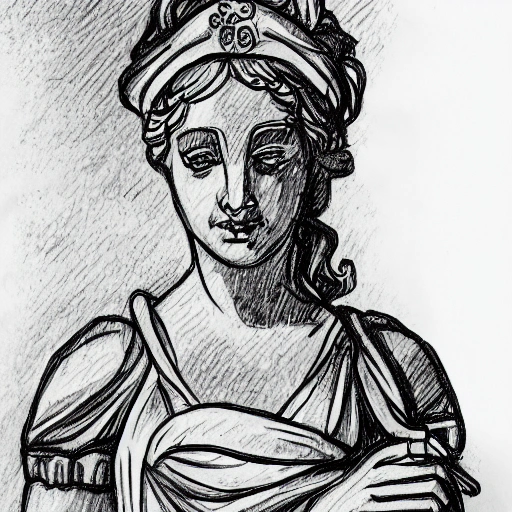 creates a black and white sketch of a statue of a woman in Roman ...