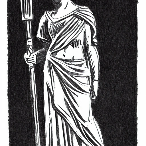 creates a black and white sketch of a statue of a woman in Roman-style clothing with a torch in her left hand and a sword in her right hand, and a leaf headband in her hair. With a transparent background, Pencil Sketch