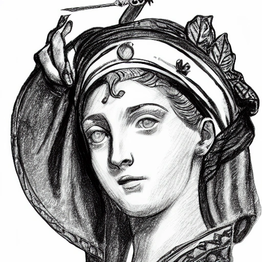 creates a black and white sketch of a statue of a woman in Roman-style clothing with a torch in her left hand and a sword in her right hand, and a leaf headband in her hair. With a transparent background, Pencil Sketch