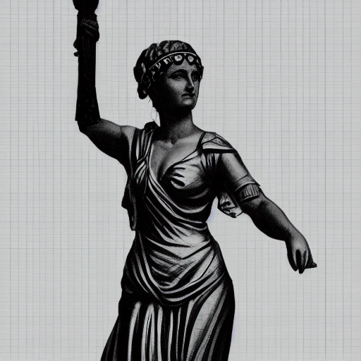 creates a black and white sketch of a statue of a woman in Roman-style clothing with a torch in her left hand and a sword in her right hand, and a leaf headband in her hair. With a transparent background. That the statue can be seen from head to knees and that it is looking to the right