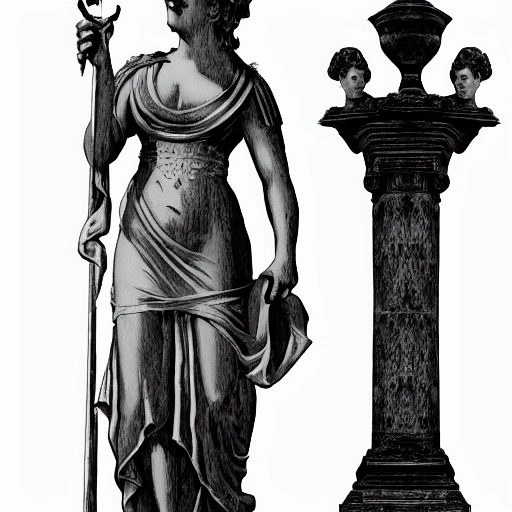 creates a black and white sketch of a statue of a woman in Roman-style clothing with a torch in her left hand and a sword in her right hand, and a leaf headband in her hair. With a transparent background. That the statue can be seen from head to knees and that it is looking to the right