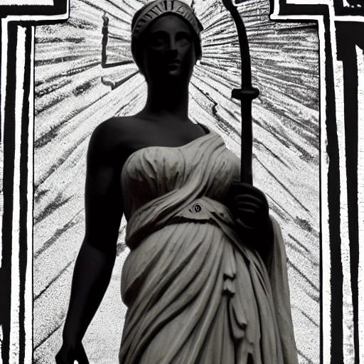 creates a black and white sketch of a statue of a woman in Roman-style clothing with a torch in her left hand and a sword in her right hand, and a leaf headband in her hair. With a transparent background. That the statue can be seen from head to knees and that it is looking to the right