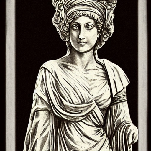 creates a black and white sketch of a statue of a woman in Roman-style clothing with a torch in her left hand and a sword in her right hand, and a leaf headband in her hair. With a transparent background. That the statue can be seen from head to knees and that it is looking to the right