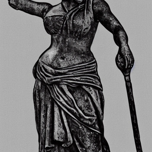 creates a black and white sketch of a statue of a woman in Roman-style clothing with a torch in her left hand and a sword in her right hand, and a leaf headband in her hair. With a transparent background. That the statue can be seen from head to knees and that it is looking to the right