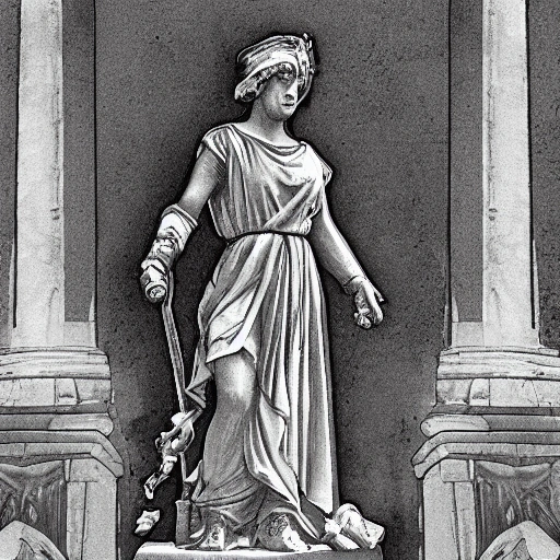 creates a black and white sketch of a statue of a woman in Roman-style clothing with a torch in her left hand and a sword in her right hand, and a leaf headband in her hair. With a transparent background. That the statue can be seen from head to knees and that it is looking to the right