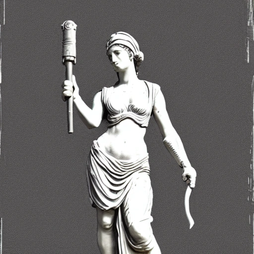 creates a black and white sketch of a statue of a woman in Roman-style clothing with a torch in her left hand and a sword in her right hand, and a leaf headband in her hair. With a transparent background. That the statue can be seen from head to knees and that it is looking to the right