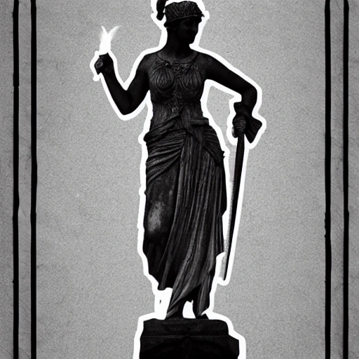 creates a black and white sketch of a statue of a woman in Roman-style clothing with a torch in her left hand and a sword in her right hand, and a leaf headband in her hair. With a transparent background. That the statue can be seen from head to knees and that it is looking to the right