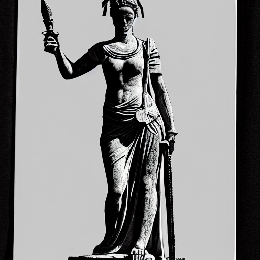 creates a black and white sketch of a statue of a woman in Roman-style clothing with a torch in her left hand and a sword in her right hand, and a leaf headband in her hair. With a transparent background. That the statue can be seen from head to knees and that it is looking to the right