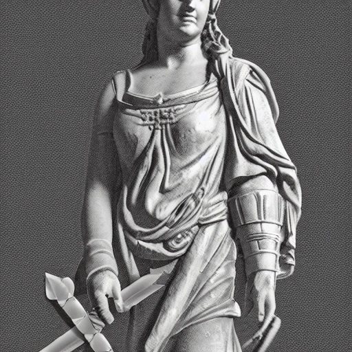 creates a black and white sketch of a statue of a woman in Roman-style clothing with a torch in her left hand and a sword in her right hand, and a leaf headband in her hair. With a transparent background. That the statue can be seen from head to knees and that it is looking to the right