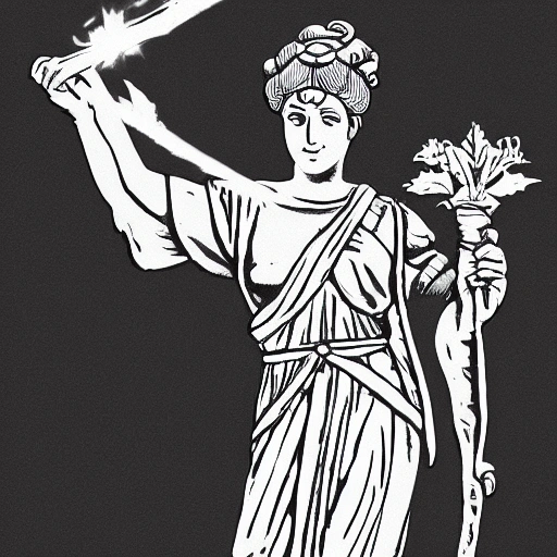 creates a black and white sketch of a statue of a woman in Roman-style clothing with a torch in her left hand and a sword in her right hand, and a leaf headband in her hair. With a transparent background. That the statue can be seen from head to knees and that it is looking to the right