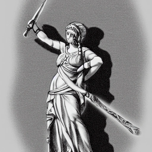 creates a black and white sketch of a statue of a woman in Roman-style clothing with a torch in her left hand and a sword in her right hand, and a leaf headband in her hair. With a transparent background. That the statue can be seen from head to knees and that it is looking to the right