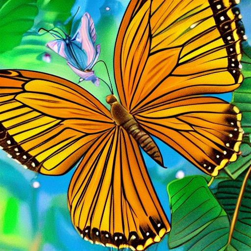 The illustration shows a beautiful butterfly with shimmering golden wings, perched on a flower. The butterfly is surrounded by a magical aura, suggesting its rarity and mystery. In the background, there are trees and bushes, with rays of sunshine breaking through the leaves. The scene evokes a sense of wonder and awe, inviting the reader to learn more about the legend of the golden butterfly.