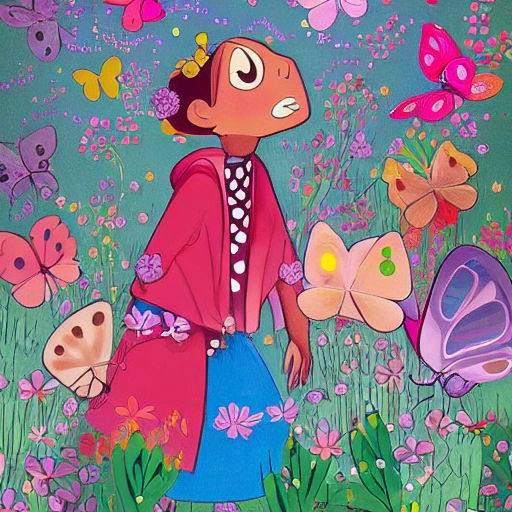  The illustration shows Alma surrounded by a swarm of colorful butterflies, each with unique patterns and colors on their wings. Alma is looking up in wonder, with a big smile on her face, as the butterflies flutter around her. The background is filled with lush greenery and flowers, indicating the beauty of the garden. In the center of the illustration, Alma is shown learning to fly like the butterflies, with the help of her new friends. The scene is playful and joyful, inviting the reader to join Alma on her journey of discovery and friendship.