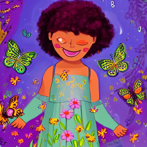  The illustration shows Alma surrounded by a swarm of colorful butterflies, each with unique patterns and colors on their wings. Alma is looking up in wonder, with a big smile on her face, as the butterflies flutter around her. The background is filled with lush greenery and flowers, indicating the beauty of the garden. In the center of the illustration, Alma is shown learning to fly like the butterflies, with the help of her new friends. The scene is playful and joyful, inviting the reader to join Alma on her journey of discovery and friendship.