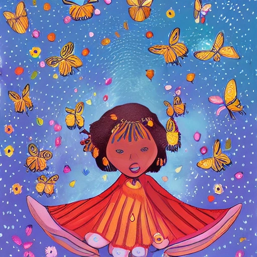  The illustration shows Alma surrounded by a swarm of colorful butterflies, each with unique patterns and colors on their wings. Alma is looking up in wonder, with a big smile on her face, as the butterflies flutter around her. The background is filled with lush greenery and flowers, indicating the beauty of the garden. In the center of the illustration, Alma is shown learning to fly like the butterflies, with the help of her new friends. The scene is playful and joyful, inviting the reader to join Alma on her journey of discovery and friendship.