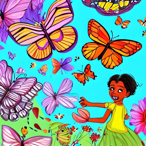  The illustration shows Alma surrounded by a swarm of colorful butterflies, each with unique patterns and colors on their wings. Alma is looking up in wonder, with a big smile on her face, as the butterflies flutter around her. The background is filled with lush greenery and flowers, indicating the beauty of the garden. In the center of the illustration, Alma is shown learning to fly like the butterflies, with the help of her new friends. The scene is playful and joyful, inviting the reader to join Alma on her journey of discovery and friendship., Cartoon