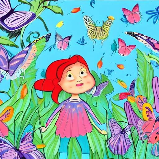  The illustration shows Alma surrounded by a swarm of colorful butterflies, each with unique patterns and colors on their wings. Alma is looking up in wonder, with a big smile on her face, as the butterflies flutter around her. The background is filled with lush greenery and flowers, indicating the beauty of the garden. In the center of the illustration, Alma is shown learning to fly like the butterflies, with the help of her new friends. The scene is playful and joyful, inviting the reader to join Alma on her journey of discovery and friendship., Cartoon