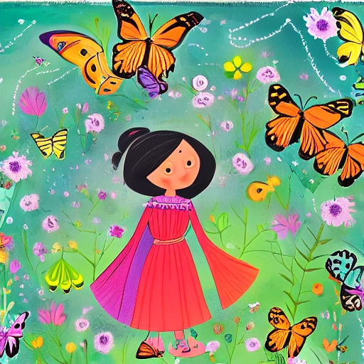  The illustration shows Alma surrounded by a swarm of colorful butterflies, each with unique patterns and colors on their wings. Alma is looking up in wonder, with a big smile on her face, as the butterflies flutter around her. The background is filled with lush greenery and flowers, indicating the beauty of the garden. In the center of the illustration, Alma is shown learning to fly like the butterflies, with the help of her new friends. The scene is playful and joyful, inviting the reader to join Alma on her journey of discovery and friendship., Cartoon