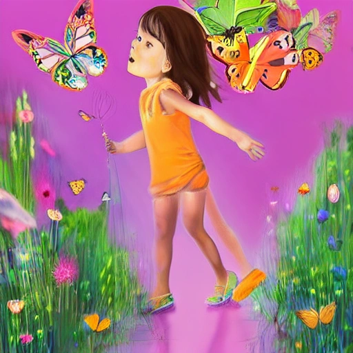 La ilustración muestra a una niña rodeada por un enjambre de coloridas mariposas, cada una con patrones y colores únicos en sus alas, mientras las mariposas revolotean a su alrededor. El fondo está lleno de exuberante vegetación y flores, lo que indica la belleza del jardín. En el centro de la ilustración, se muestra a una niña aprendiendo a volar como las mariposas, con la ayuda de sus nuevos amigos., Cartoon