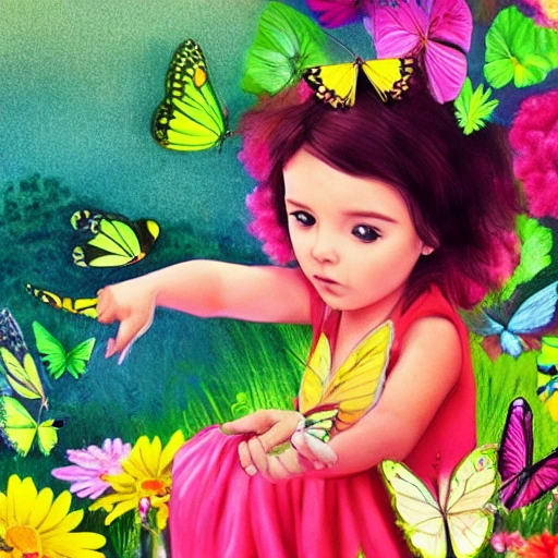 La ilustración muestra a una niña rodeada por un enjambre de coloridas mariposas, cada una con patrones y colores únicos en sus alas, mientras las mariposas revolotean a su alrededor. El fondo está lleno de exuberante vegetación y flores, lo que indica la belleza del jardín. En el centro de la ilustración, se muestra a una niña aprendiendo a volar como las mariposas, con la ayuda de sus nuevos amigos., Cartoon