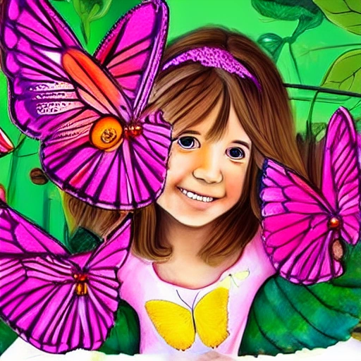 La ilustración muestra a una niña rodeada por un enjambre de coloridas mariposas, cada una con patrones y colores únicos en sus alas, mientras las mariposas revolotean a su alrededor. El fondo está lleno de exuberante vegetación y flores, lo que indica la belleza del jardín. En el centro de la ilustración, se muestra a una niña aprendiendo a volar como las mariposas, con la ayuda de sus nuevos amigos., Cartoon