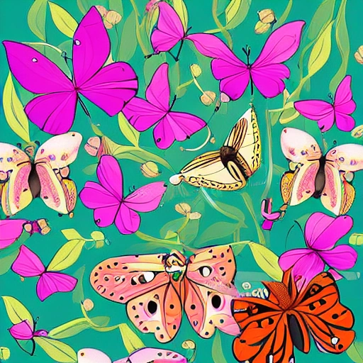  The illustration shows girl surrounded by a swarm of colorful butterflies, each with unique patterns and colors on their wings, as the butterflies flutter around her. The background is filled with lush greenery and flowers, indicating the beauty of the garden. In the center of the illustration, girlis shown learning to fly like the butterflies, with the help of her new friends. , Cartoon