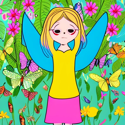  The illustration shows girl surrounded by a swarm of colorful butterflies, each with unique patterns and colors on their wings, as the butterflies flutter around her. The background is filled with lush greenery and flowers, indicating the beauty of the garden. In the center of the illustration, girlis shown learning to fly like the butterflies, with the help of her new friends. , Cartoon