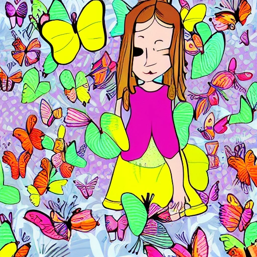  The illustration shows girl surrounded by a swarm of colorful butterflies, each with unique patterns and colors on their wings, as the butterflies flutter around her,Cartoon