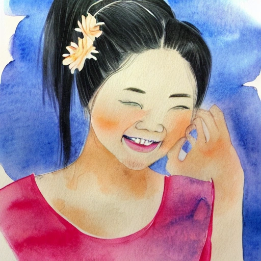 The Chinese nice girl with the petals in her hair, smile, Water Color