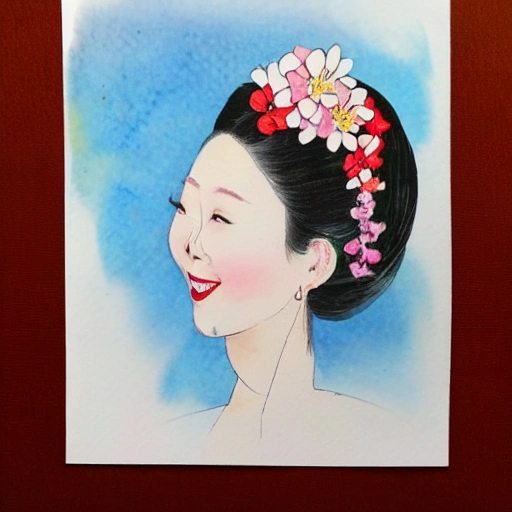 The Chinese nice girl with the petals in her hair, smile, Water Color