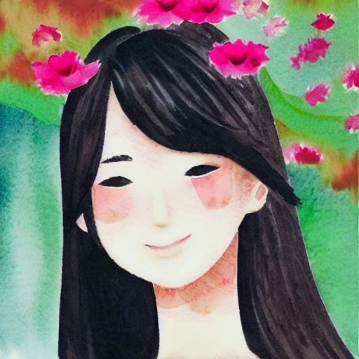 The Japanese nice girl with the petals in her hair, smile, Water Color