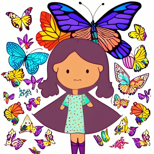  The illustration shows girl surrounded by a swarm of colorful butterflies, each with unique patterns and colors on their wings, as the butterflies flutter around her,Cartoon