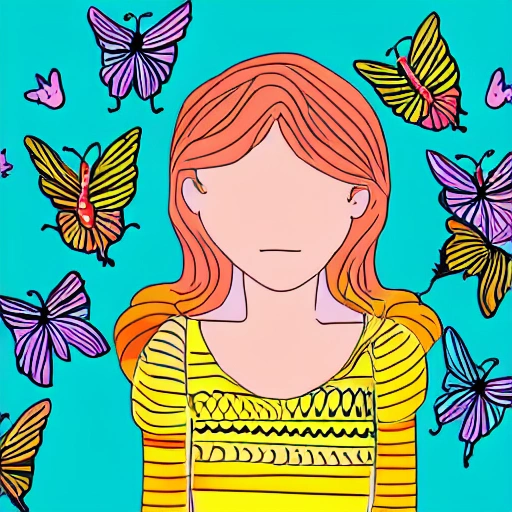  The illustration shows girl surrounded by a swarm of colorful butterflies, each with unique patterns and colors on their wings, as the butterflies flutter around her,Cartoon