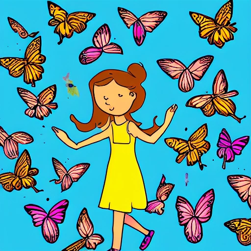  The illustration shows girl surrounded by a swarm of colorful butterflies, each with unique patterns and colors on their wings, as the butterflies flutter around her,Cartoon