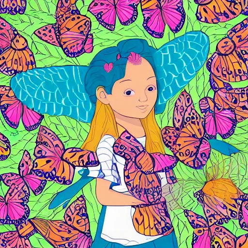  The illustration shows girl surrounded by a swarm of colorful butterflies, each with unique patterns and colors on their wings, as the butterflies flutter around her,Cartoon