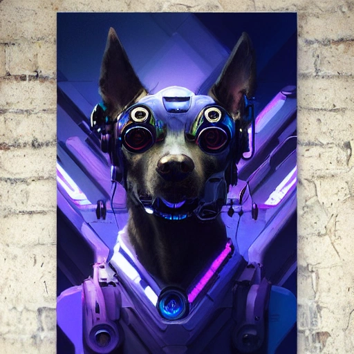 a beautiful portrait of a cute cyberpunk dog by greg rutkowski and wlop, purple blue color scheme, high key lighting, digital art, highly detailed, fine detail, intricate, ornate, complex 