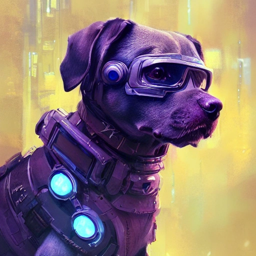 a beautiful portrait of a cute cyberpunk dog by greg rutkowski and wlop, purple blue color scheme, high key lighting, digital art, highly detailed, fine detail, intricate, ornate, complex , 3D