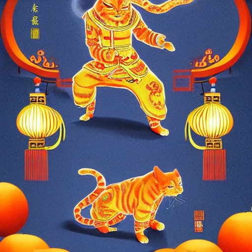 Cute Chinese kungfu orange cat, high-profile lights, digital art, highly meticulous, fine details, complex, gorgeous, complex