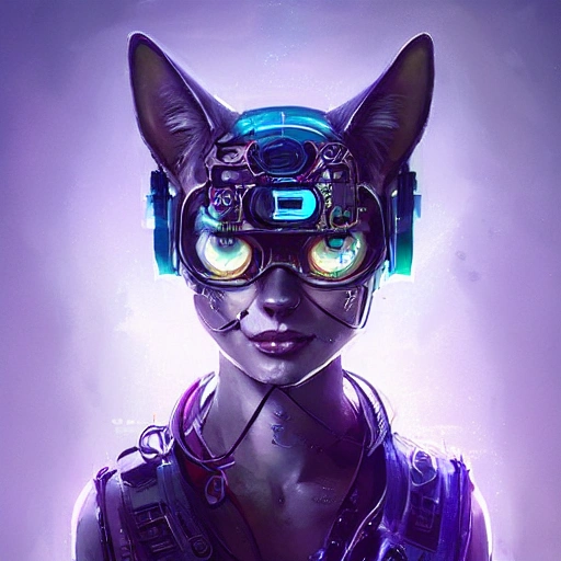 a beautiful portrait of a cute cyberpunk cat by greg rutkowski and wlop, purple blue color scheme, high key lighting, digital art, highly detailed, fine detail, intricate, ornate, complex , 3D