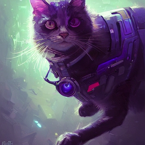 a beautiful portrait of a cute cyberpunk cat by greg rutkowski and wlop, purple blue color scheme, high key lighting, digital art, highly detailed, fine detail, intricate, ornate, complex , 3D