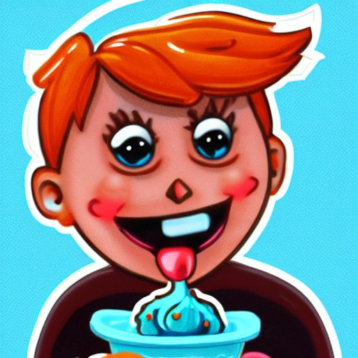 A 3d octane rendering of a cute, muscular, goofy, orange-haired boy eating ice cream, sticker illustration., Cartoon