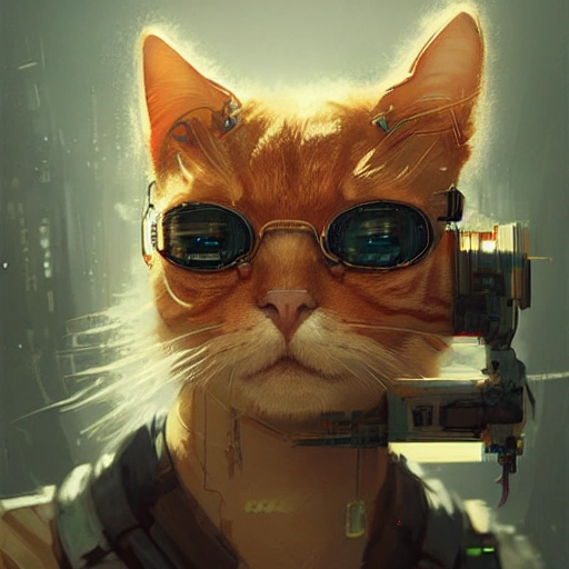 a beautiful portrait of a cute cyberpunk Ginger cat by greg rutkowski and wlop, high key lighting, digital art, highly detailed, fine detail, intricate, ornate, complex , 3D