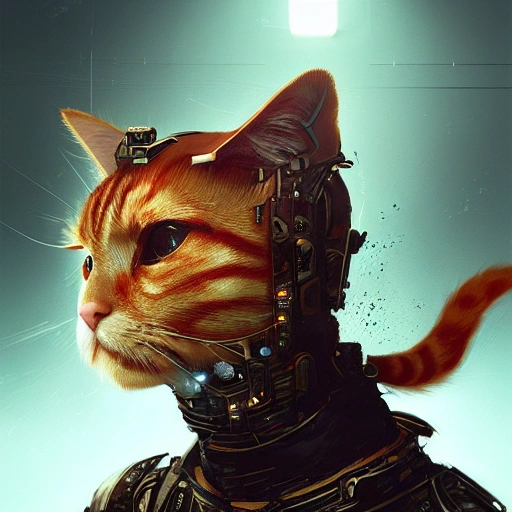 a beautiful portrait of a cute cyberpunk Chinese kungfu Ginger cat by greg rutkowski and wlop, high key lighting, digital art, highly detailed, fine detail, intricate, ornate, complex , 3D