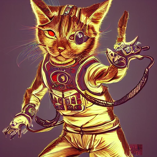  a cute cyberpunk Chinese kungfu Ginger cat, high key lighting, digital art, highly detailed, fine detail, intricate, ornate, complex , 3D