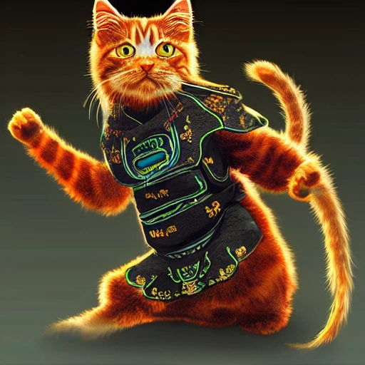  a cute cyberpunk Chinese kungfu Ginger cat, high key lighting, digital art, highly detailed, fine detail, intricate, ornate, complex , 3D