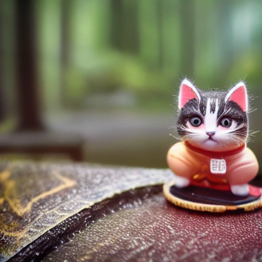 tiny cute (happy1. 4) cat in a (chinese kongfu1. 3) in the woods, rain, a character portrait, Tilt-shift, bokeh
