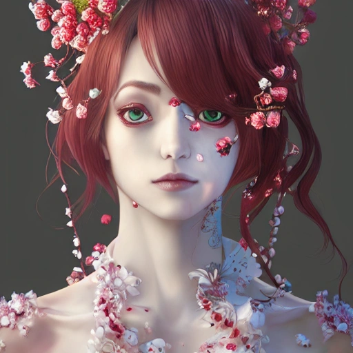 the portrait of the absurdly beautiful, graceful, elegant, gorgeous, fashionable photorealistic anime european woman made of cherries and white petals with tears, an ultrafine hyperrealistic illustration by kim jung gi, irakli nadar, intricate linework, bright colors, octopath traveler, final fantasy, unreal engine highly rendered, global illumination, radiant light, intricate environment